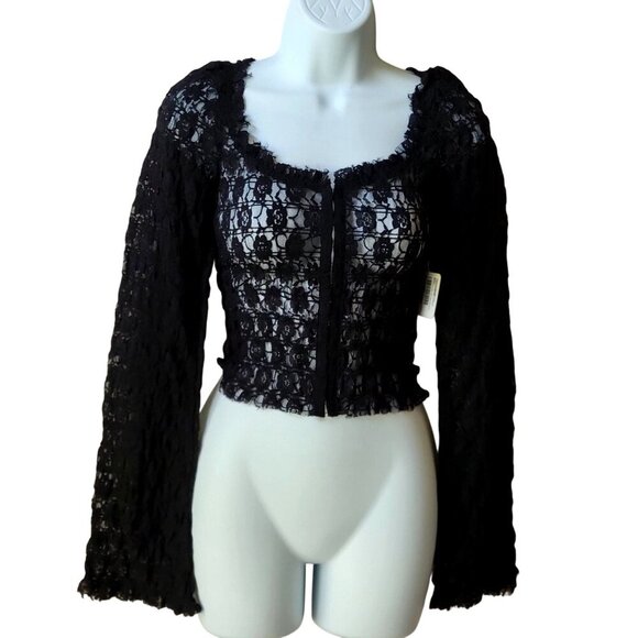 Free People Women's Madison Sheer Long Bell Sleeve Black Cropped Top XS - Picture 2 of 11